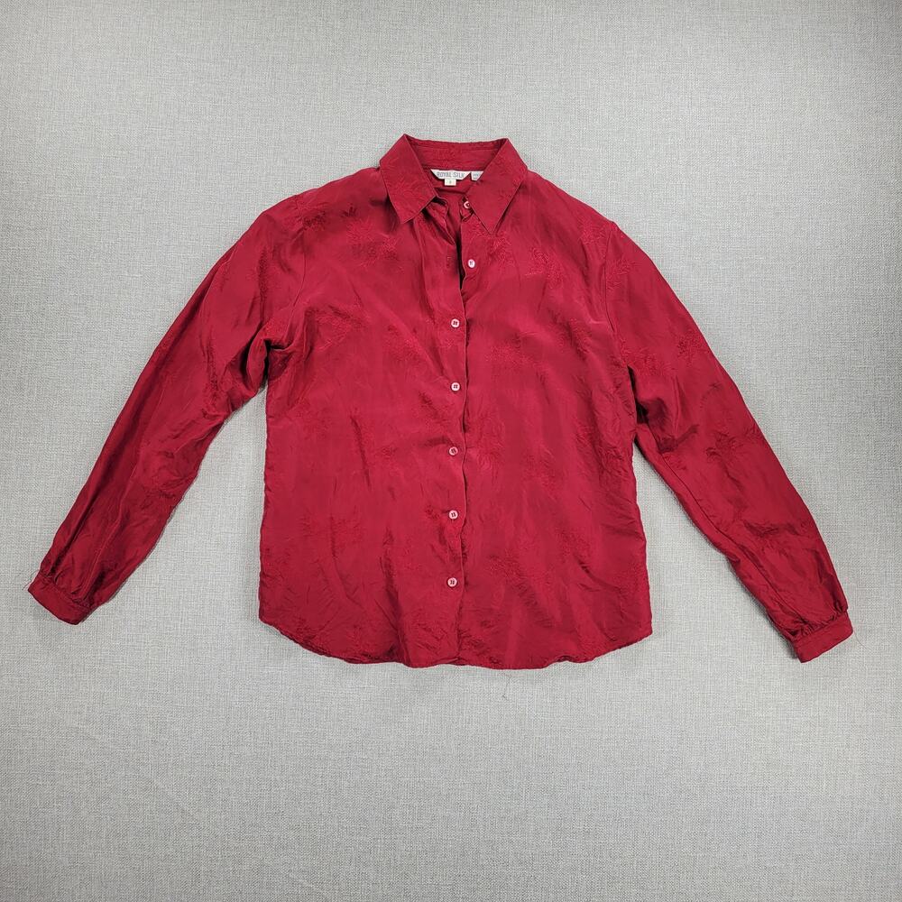 Vintage Royal Silk Womens Shirt 8 Red Button Down Embroidered Floral